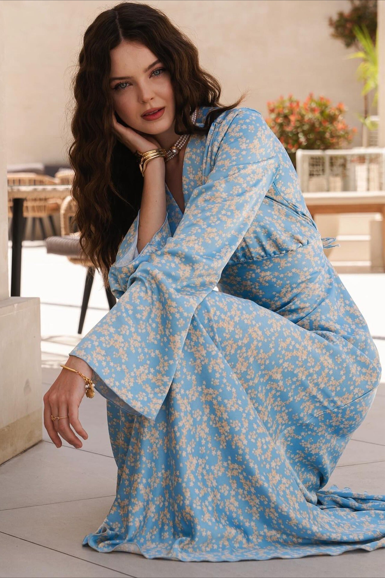 Deep V Neck Flared Sleeve Tiered Maxi Floral Print Dress