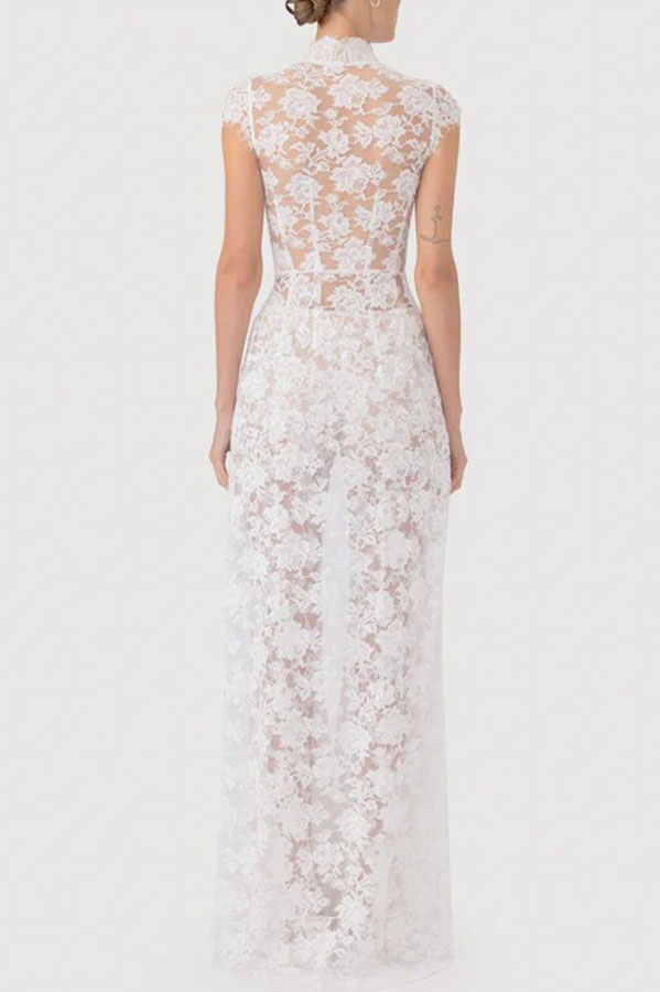 Saphina Floral Lace Pipa Knot Detail Short Sleeve Center Front Slit Maxi Top