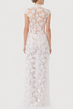 Saphina Floral Lace Pipa Knot Detail Short Sleeve Center Front Slit Maxi Top
