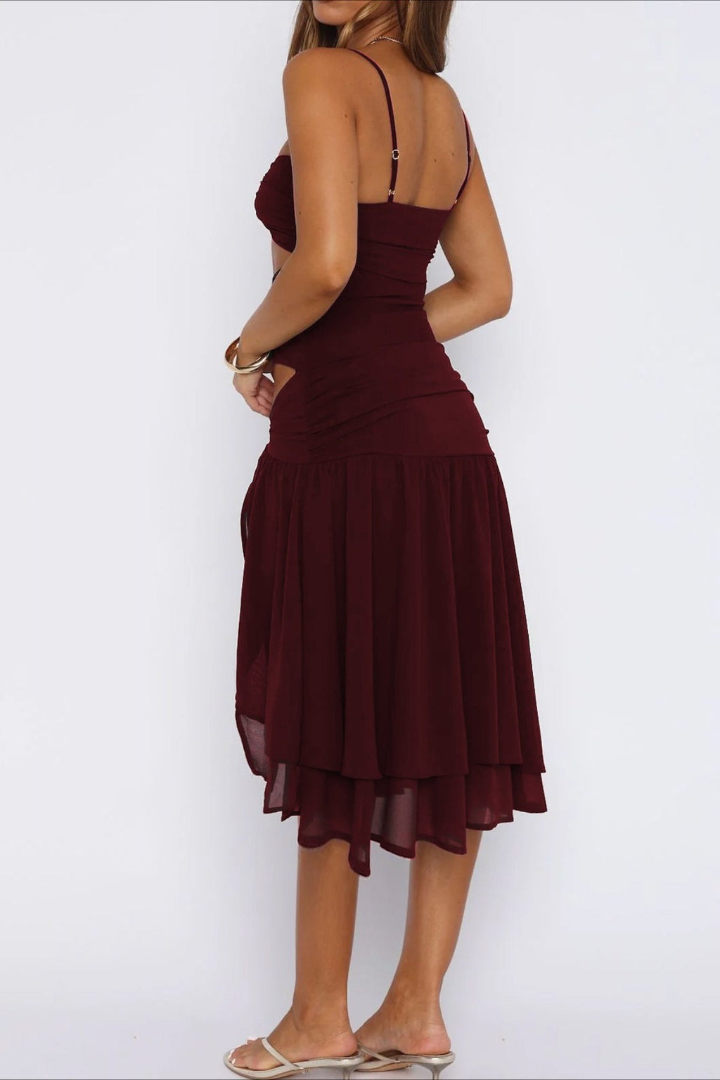 Red Spaghetti Strap Twist Front Multi Cut Out Ruched Sheer Ruffle Midi Dress
