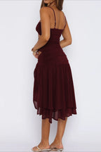 Red Spaghetti Strap Twist Front Multi Cut Out Ruched Sheer Ruffle Midi Dress