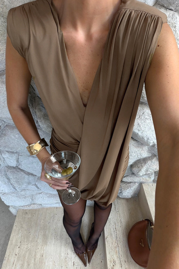 Solid Color Casual Sleeveless V-neck Elegant Pleated Mini Dress