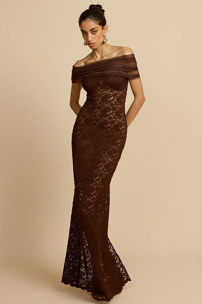 Lace See-Through Off-Shoulder Fishtail Party Dress