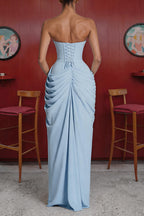 Cyra Back Lace-up Asymmetrical Pleats Strapless Slit Maxi Dress