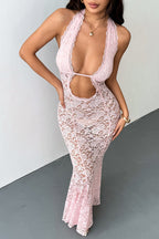 Halter Deep V Lace Cutout Oval Midriff Bodycon Maxi Dress
