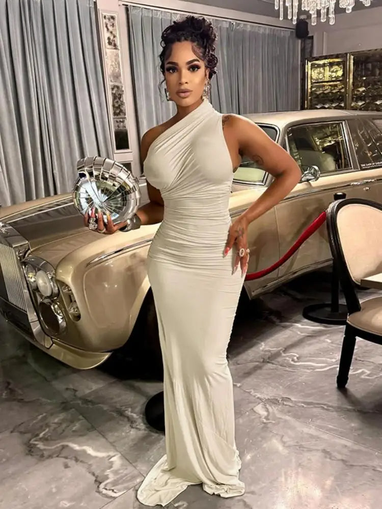 One Shoulder Ruched Gathered Bodycon Maxi Gown