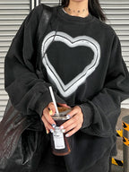 Distressed Heart Print Crew Neck Sweatshirt
