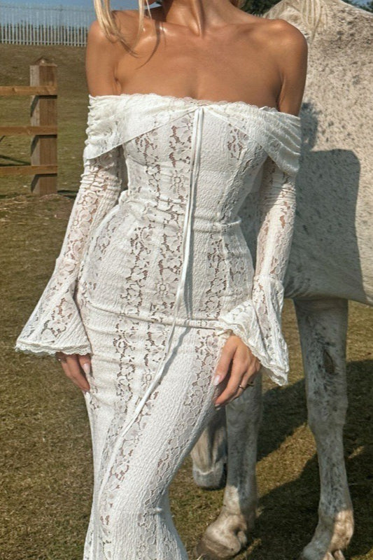 Lace Off Shoulder Ruffle Trim Long Bell Sleeve Vertical Panel Mermaid Maxi Dress