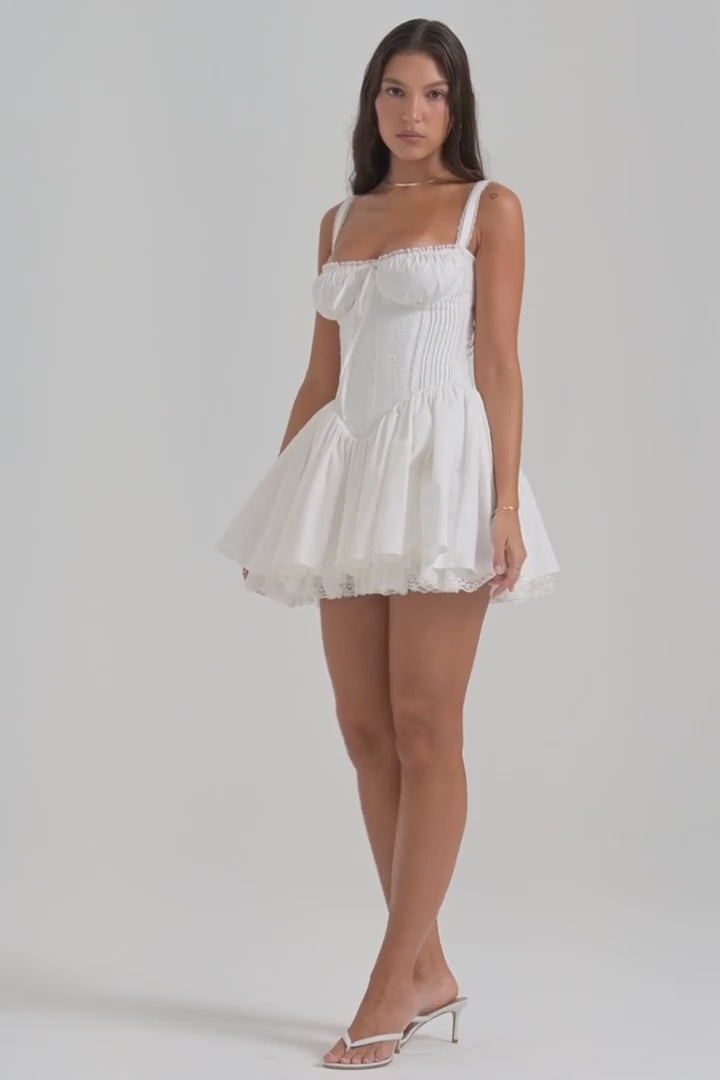 Ruched Tie Front Lace Trim Corset Babydoll Pleated Lace Hem Mini Dress