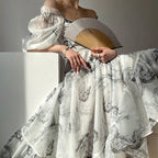 Botanical Sketch Print Puff Sleeve Lace-Up Square Neck Tiered Maxi Dress
