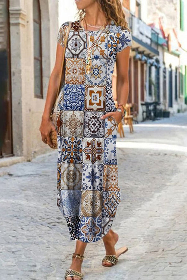 Ethnic Print Short Sleeve Pocket A-Line Maxi Dress