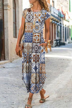 Ethnic Print Short Sleeve Pocket A-Line Maxi Dress