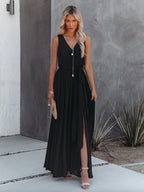 Minimalist Maxi Dress for Women - Black Sleeveless V Neck Side Split Belted Boho Dress - Summer Beach Party 2026