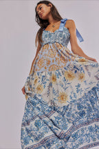 Smocked Sweetheart Bow Shoulder Strap Patchwork Floral Tiered Maxi Dress