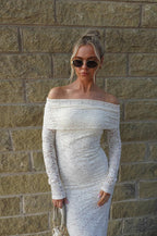 Lace Off Shoulder Long Sleeve Fold Over Panel Column Maxi Gown
