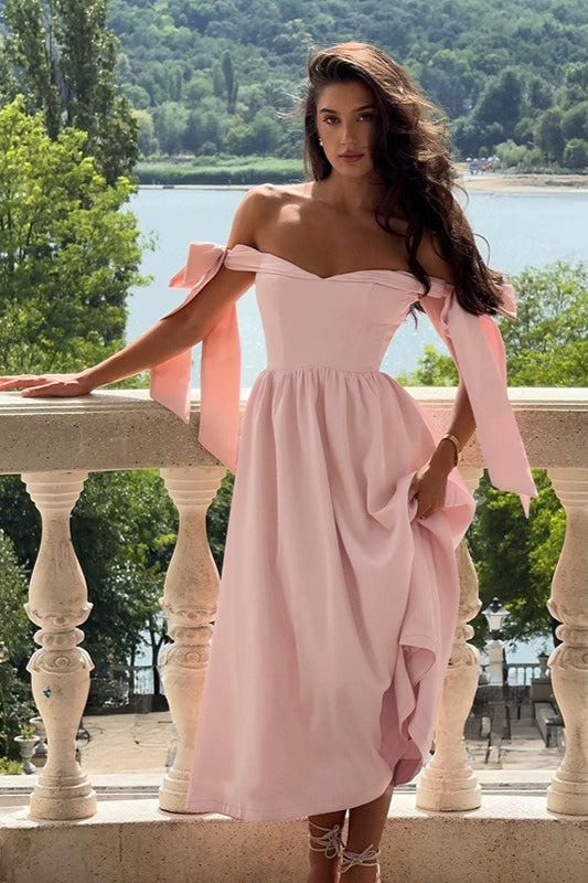 Off Shoulder Tie Shoulder Bow Sweetheart Corset Bodice A Line Midi Dress