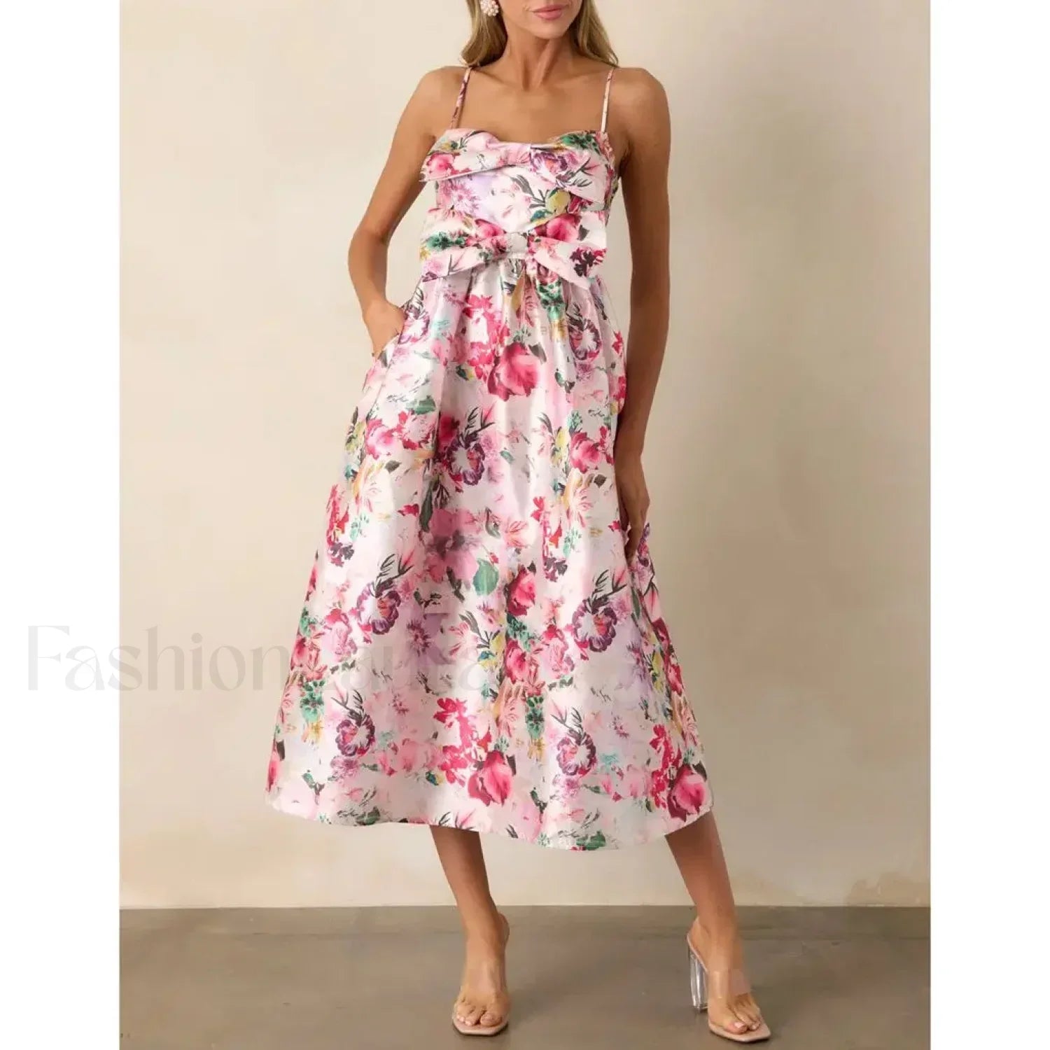 Red 3D Bow Spaghetti Strap Midi Dress