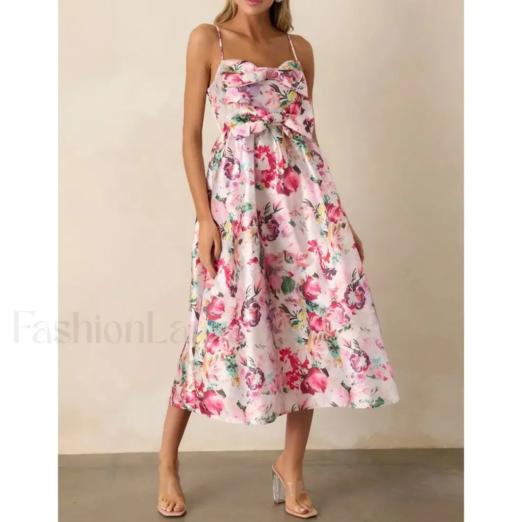Red 3D Bow Spaghetti Strap Midi Dress