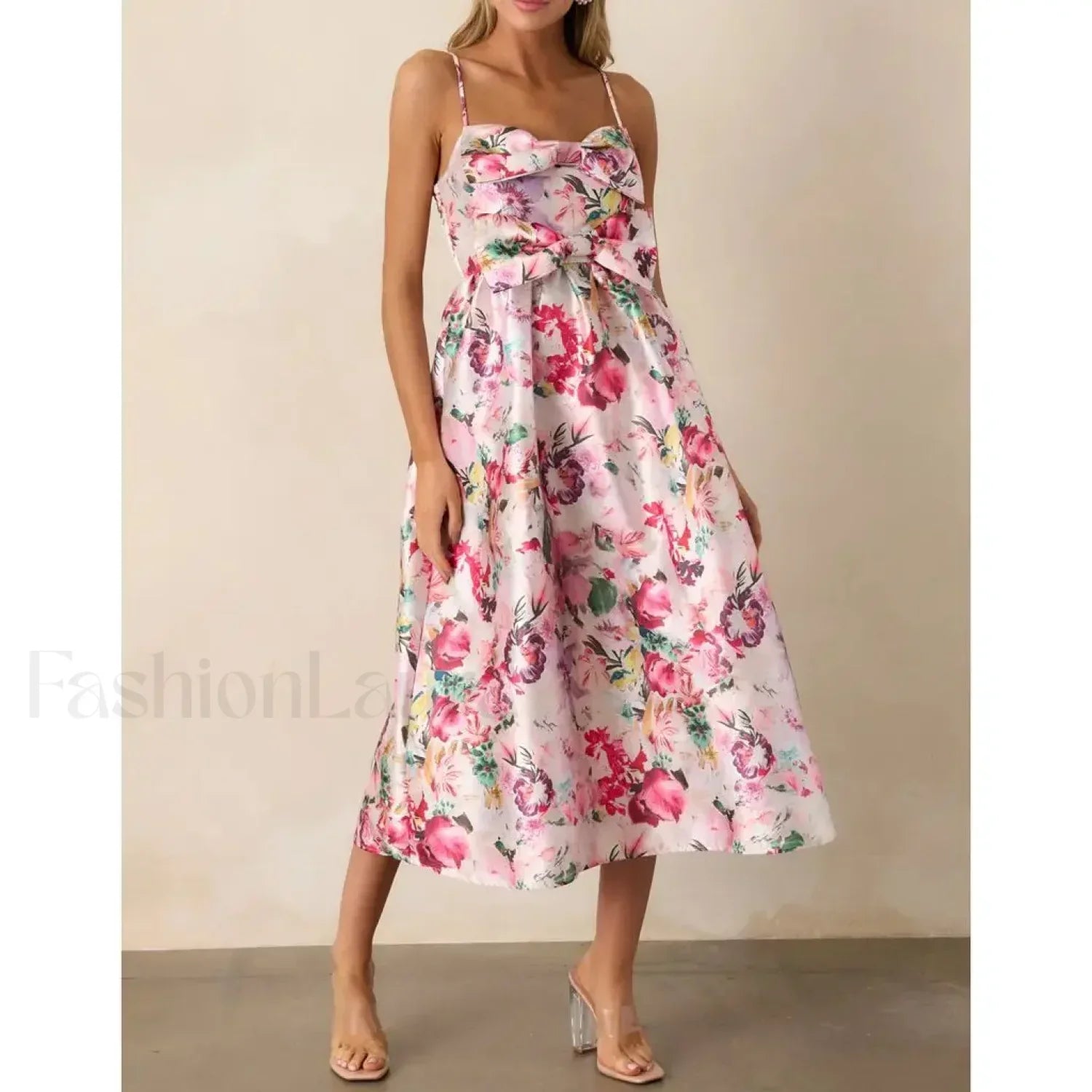 Red 3D Bow Spaghetti Strap Midi Dress