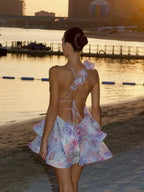 Purple 3D Floral Ruffled Mini Dress