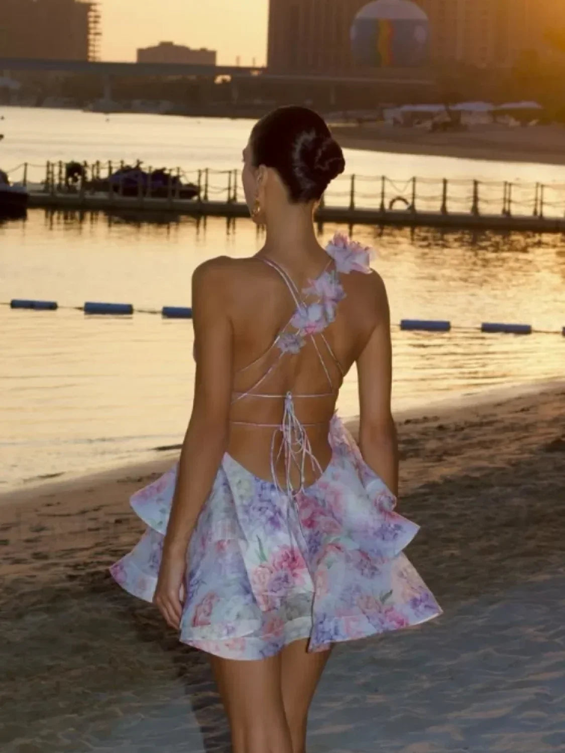 Purple 3D Floral Ruffled Mini Dress