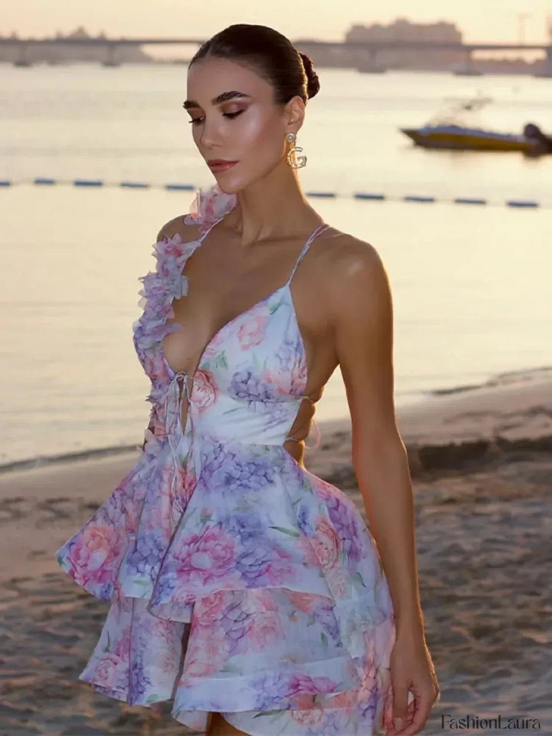 Purple 3D Floral Ruffled Mini Dress