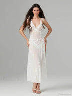 3D Flower Decor Backless Deep V Slit See-Through Beach Floral Dress