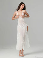 3D Flower Decor Backless Deep V Slit See-Through Beach Floral Dress