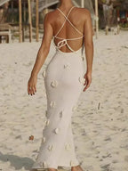 3D Flower V-neck Backless Lace-Up Maxi Floral Dress