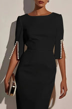 Solid Color Elegant Round Neck Half Sleeve Beaded Decorated Slim Fit Midi Dress