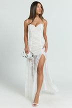 Lace Sweetheart Spaghetti Strap Ruched Bustier High Split Mermaid Maxi Dress