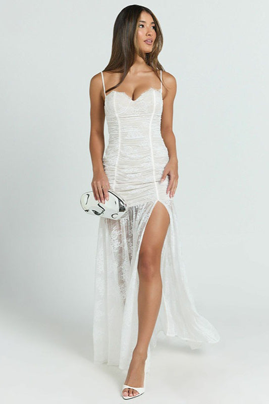 Lace Sweetheart Spaghetti Strap Ruched Bustier High Split Mermaid Maxi Dress