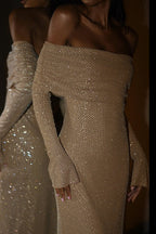 Rhinestone Off Shoulder Long Sleeve Bodycon Midi Dress