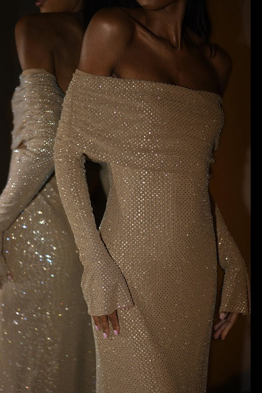 Rhinestone Off Shoulder Long Sleeve Bodycon Midi Dress