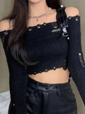 Solid Tattered Off Shoulder Long Sleeve Knit