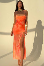 Orange Spaghetti Strap Square Neck Floral Print Mesh Overlay Side Slit Maxi Dress