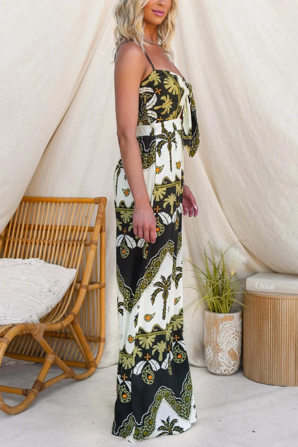 Unique Print Casual Spaghetti Strap High Waist Resort Loose Wide Leg Jumpsuit