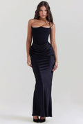 Strapless Corset Pointed Neckline Ruched Hip Satin Column Maxi Gown