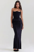 Strapless Corset Pointed Neckline Ruched Hip Satin Column Maxi Gown