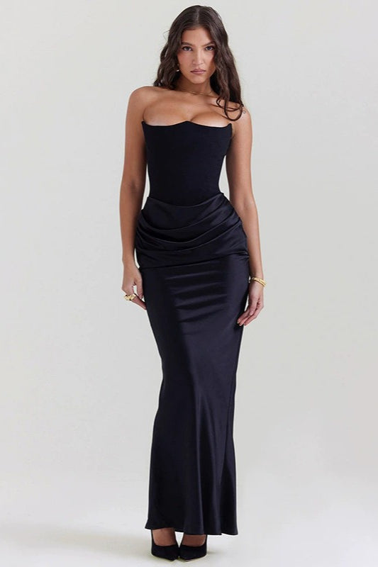 Strapless Corset Pointed Neckline Ruched Hip Satin Column Maxi Gown