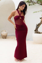 Halter Neck Knot Front Keyhole Cutout Mesh Panel Ruched Bodycon Maxi Dress