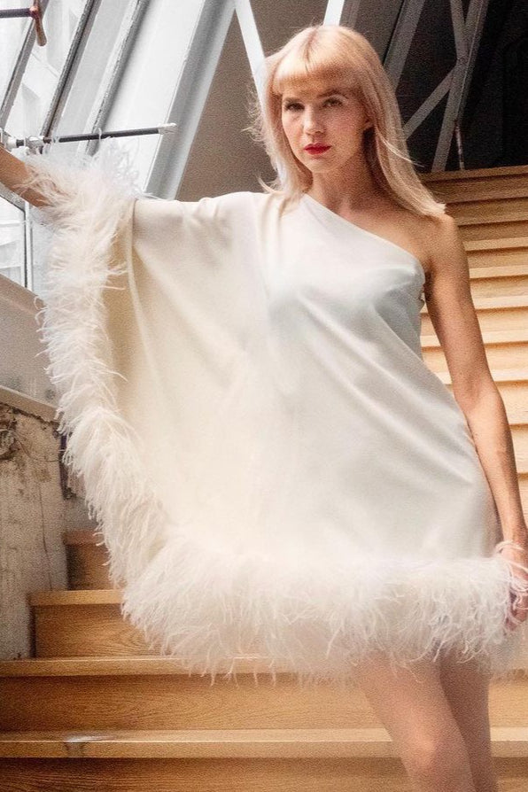One Shoulder Feather Trim Cape Sleeve Mini Dress