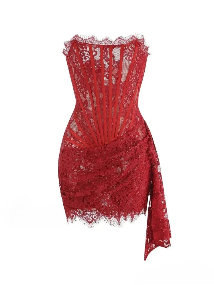 Lace Strapless Corset Eyelash Trim Draped Sash Mini Dress