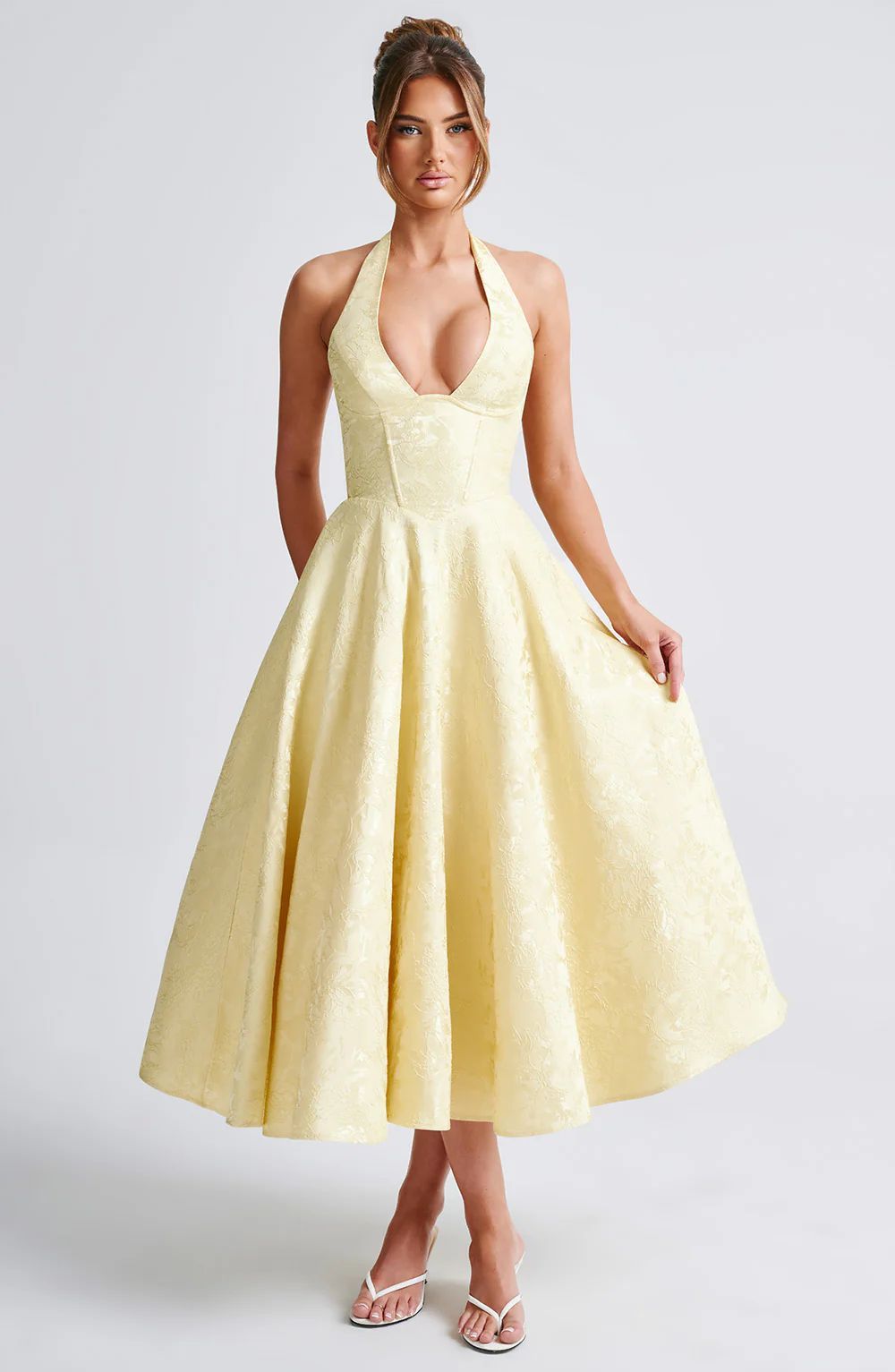 Vintage Jacquard Midi Dress with Halter Neck