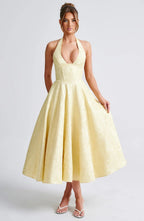 Vintage Jacquard Midi Dress with Halter Neck