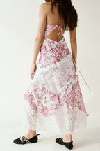Deep V Neck Tie Front Patchwork Floral Lace Tiered Maxi Dress