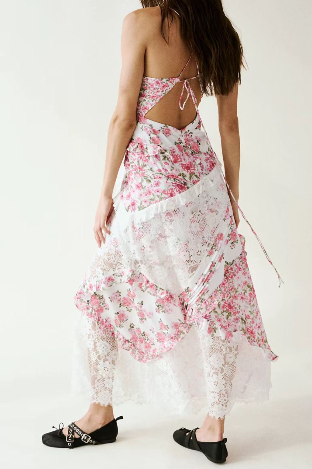 Deep V Neck Tie Front Patchwork Floral Lace Tiered Maxi Dress