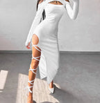 Ribbed Knit Mock Neck Keyhole Cold Shoulder Lace Up Leg Detail Midi Dress
