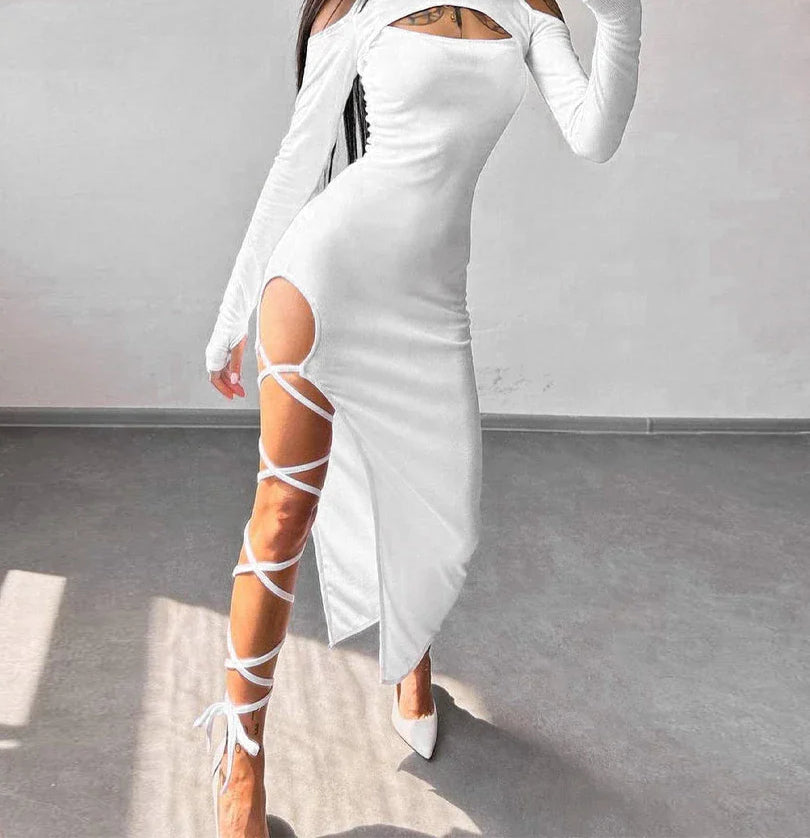 Ribbed Knit Mock Neck Keyhole Cold Shoulder Lace Up Leg Detail Midi Dress