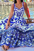 Tile Print Corset Bodice Tiered Ruffle Maxi Dress